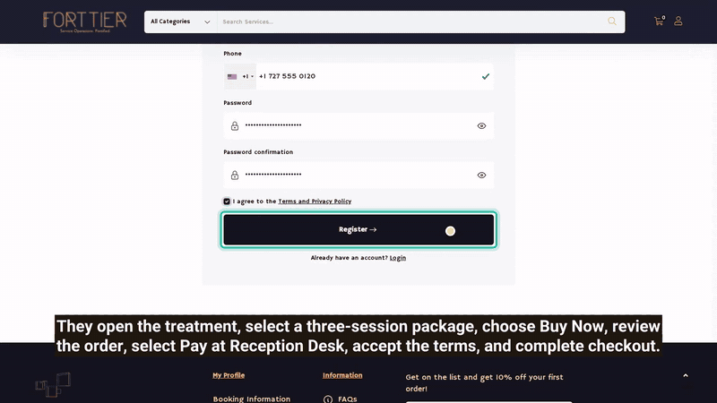 Selecting a Forttier session package and completing checkout